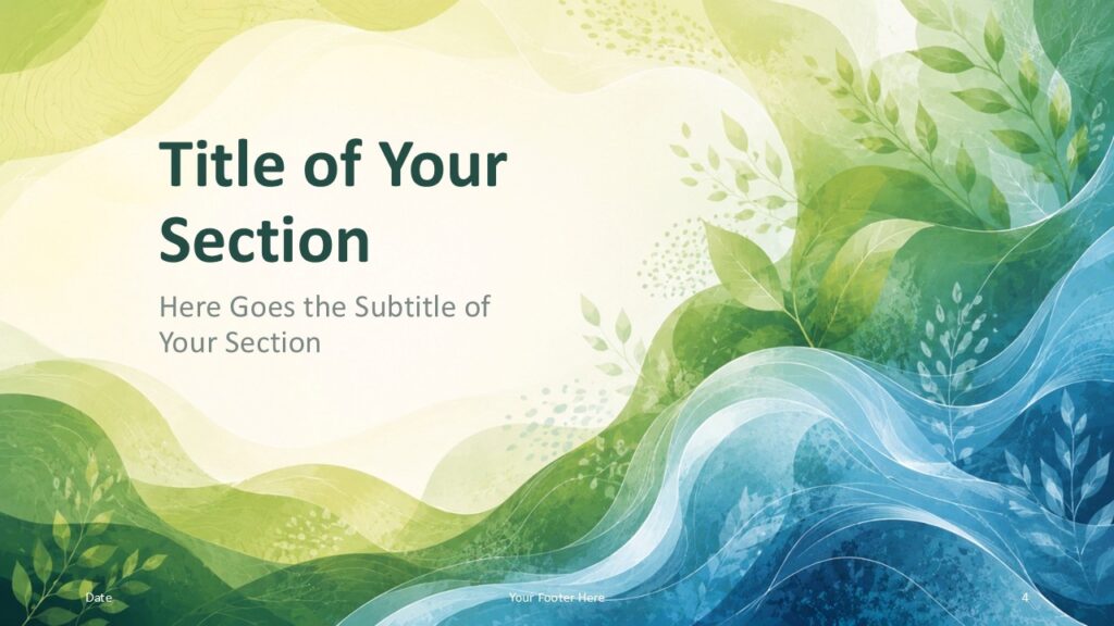 Nature Flow Section PowerPoint Google Slides Template Nature Flow PowerPoint and Google Slides template section divider with large title area, leaves, and aqua waves.