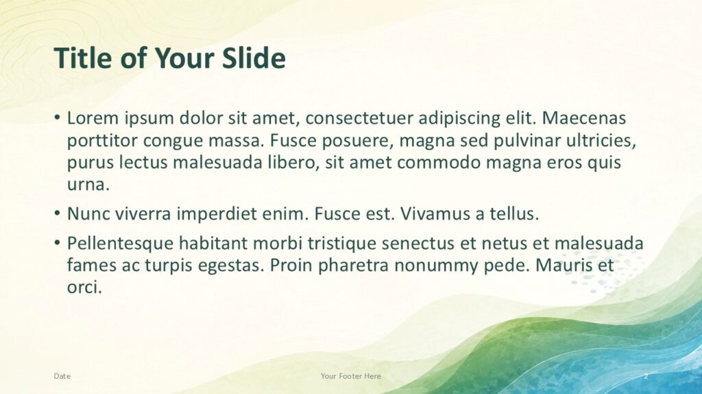 Nature Flow Content 1 PowerPoint Google Slides Template Nature Flow PowerPoint and Google Slides template content slide with readable bullets, soft waves, and green-blue accents.