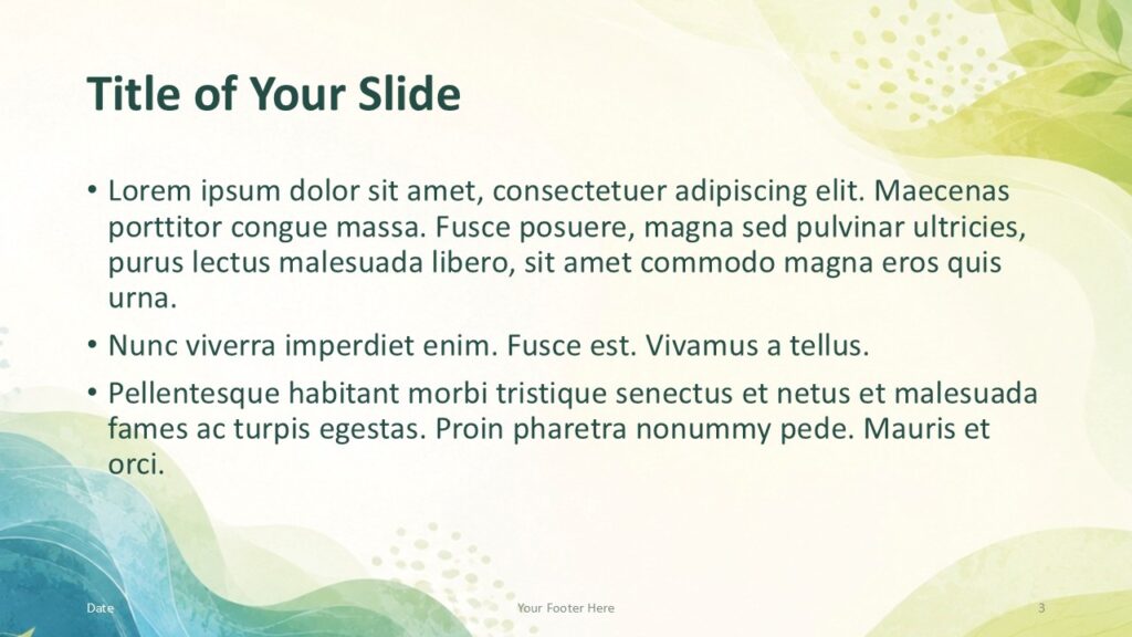 Nature Flow Content 2 PowerPoint Google Slides Template Nature Flow layout slide for PowerPoint and Google Slides template with spacious text area and organic leaf accents.