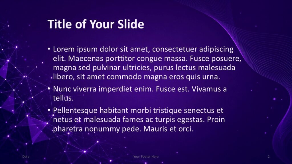 Purple Network Content Slide PowerPoint & Google Slides Purple Network content slide for PowerPoint and Google Slides with editable text layout and abstract digital network background.