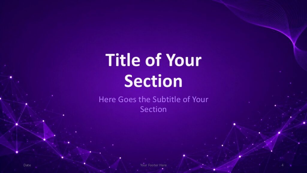 Purple Network Section Divider PowerPoint & Google Slides Purple Network section divider for PowerPoint and Google Slides with centered title and elegant purple technology background.
