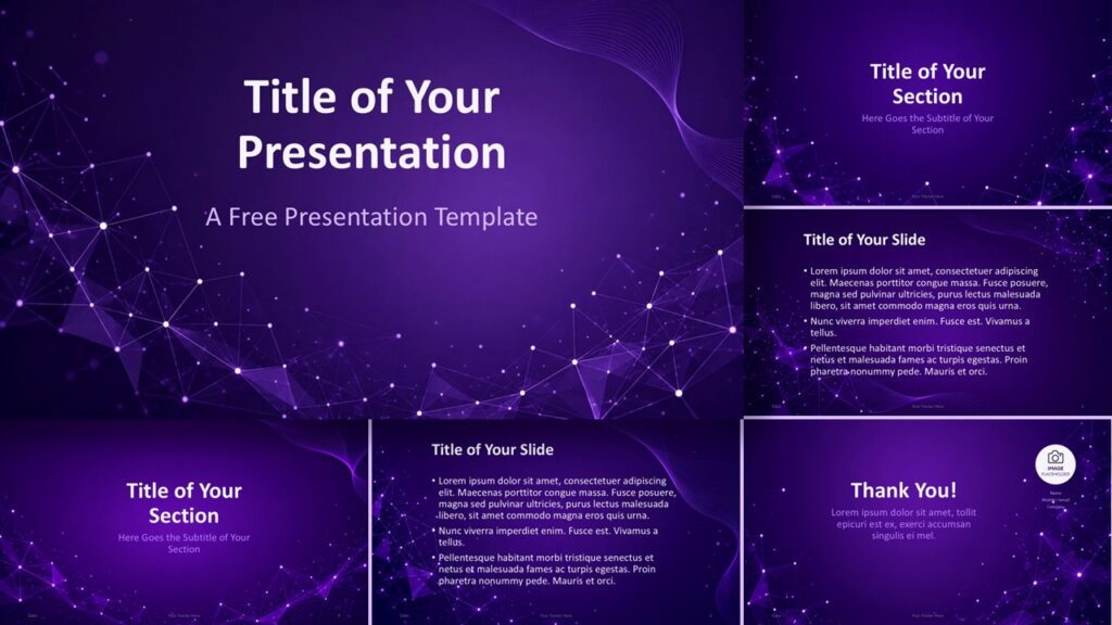 Purple Network presentation template for PowerPoint and Google Slides with modern violet layouts and abstract network graphics.