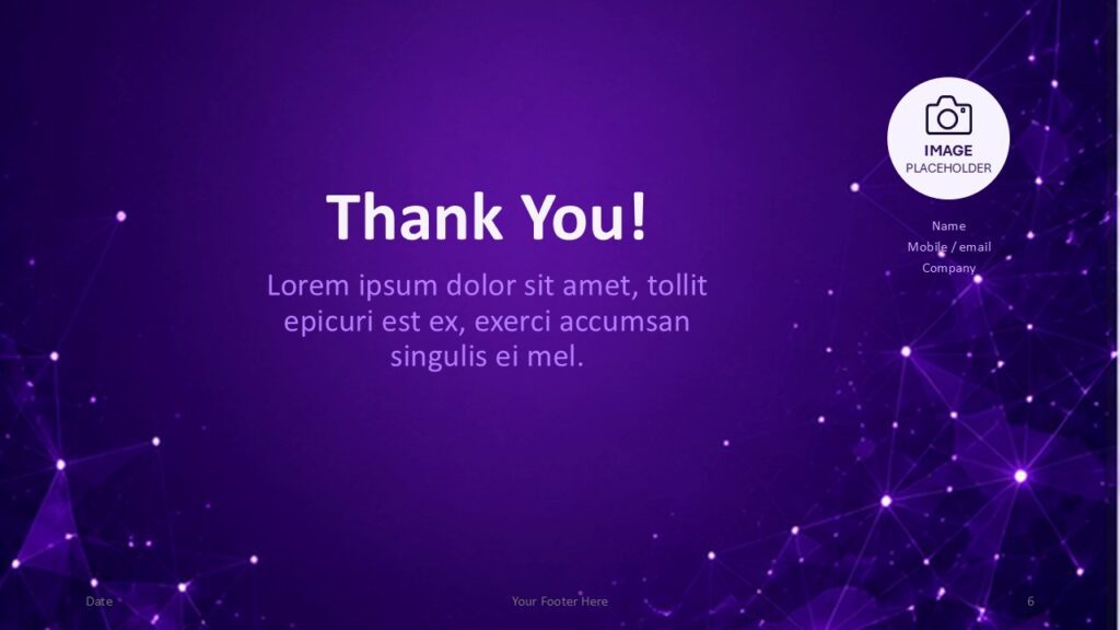 Purple Network Thank You PowerPoint & Google Slides Purple Network thank you slide for PowerPoint and Google Slides with editable contact details and modern technology styling.