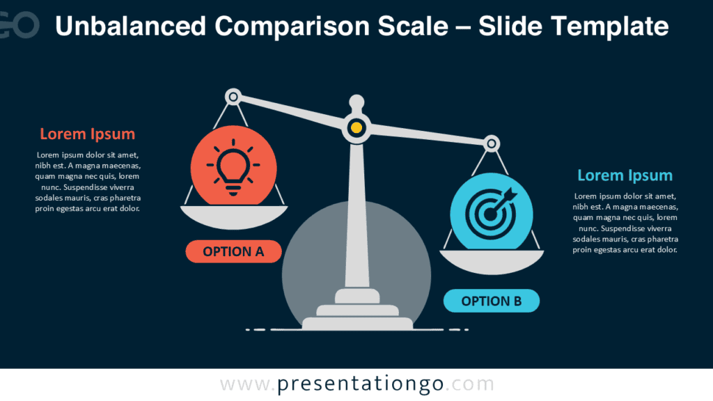 Unbalanced Scale PowerPoint and Google Slides Diagram Unbalanced Comparison Scale for PowerPoint and Google Slides with reversed weighting, editable text, and placeholders.