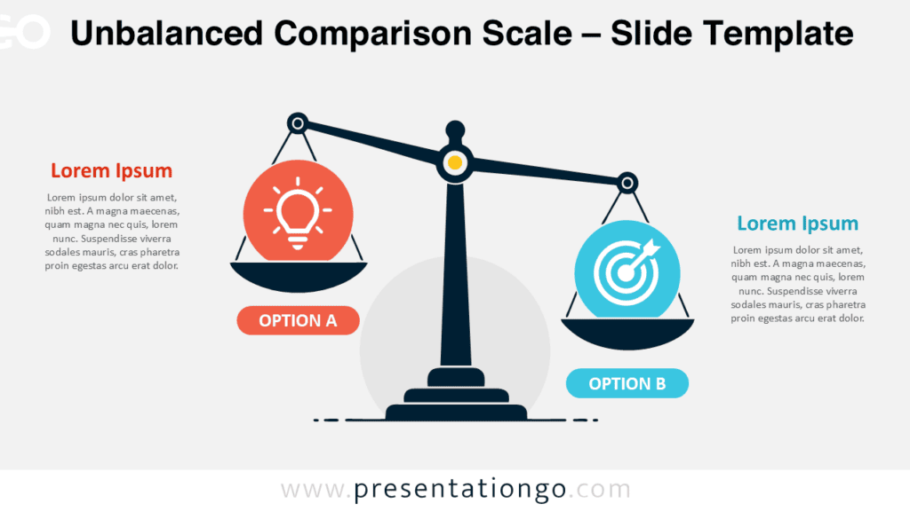 Reversed Unbalanced Comparison Scale for PowerPoint Unbalanced Comparison Scale for PowerPoint and Google Slides with a reversed tilt for comparing two editable options.