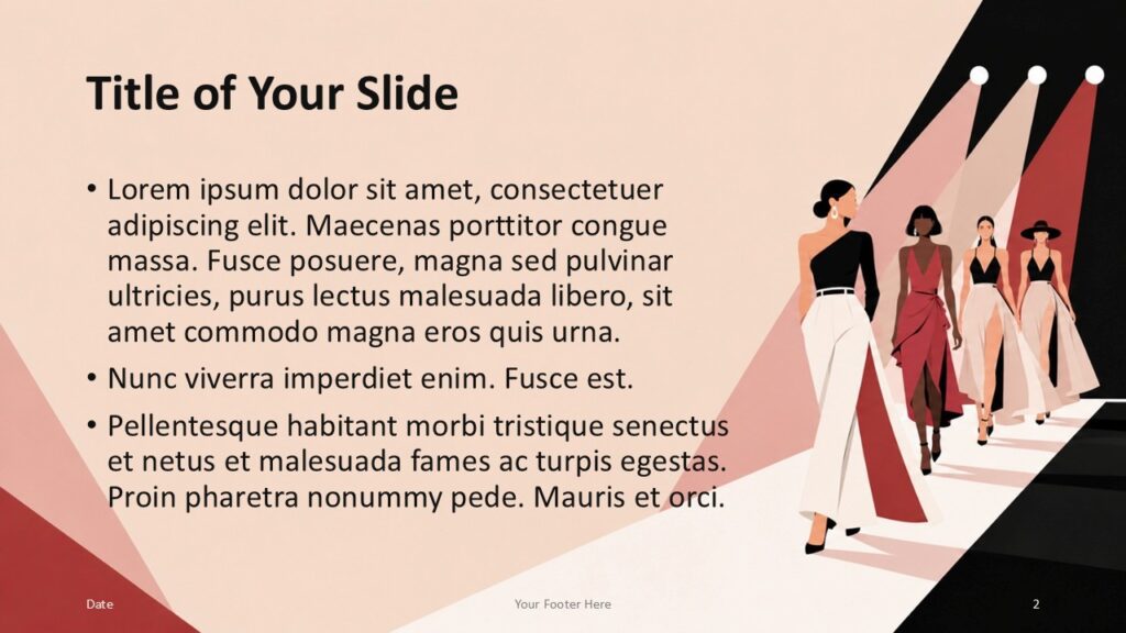 Runway Blush title and content slide for PowerPoint and Google Slides with text area and fashion runway visual.