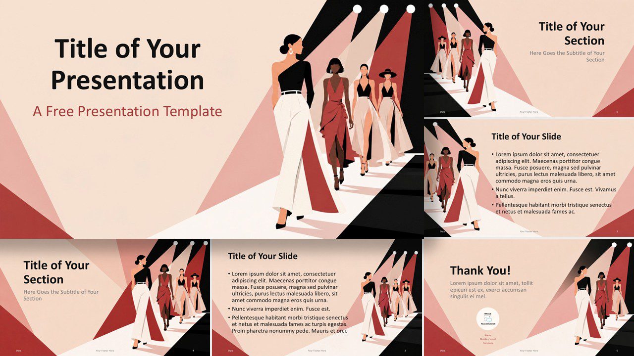 Runway Blush template preview for PowerPoint and Google Slides, showing all slides with elegant fashion visuals.