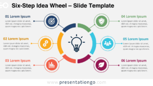 Six-Step Idea Wheel for PowerPoint and Google Slides showing a circular six-part diagram with a central light bulb and editable content.