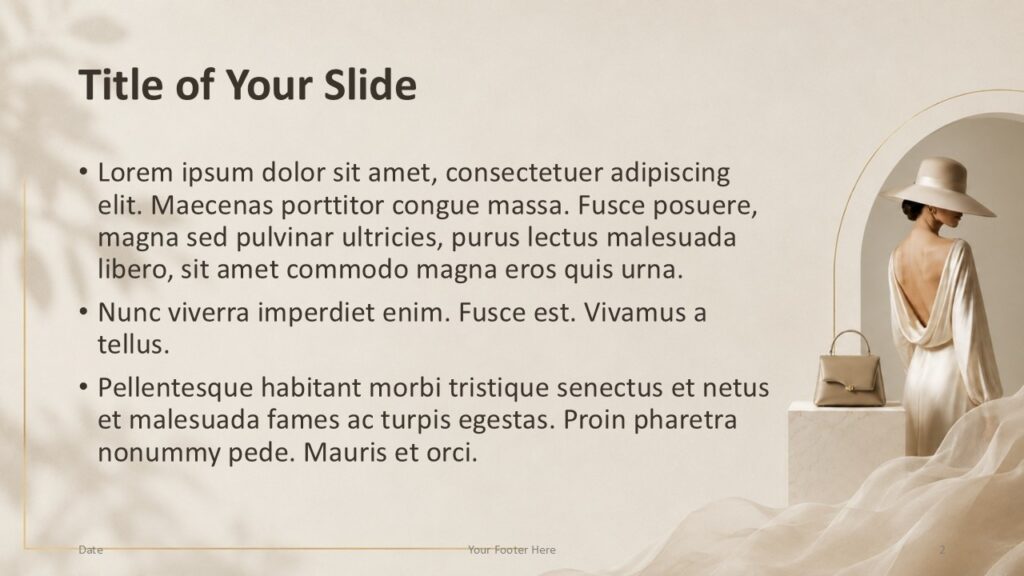 Soft Couture Content PowerPoint Google Slides Template Soft Couture content slide for PowerPoint and Google Slides with bullet text layout and elegant fashion styling.