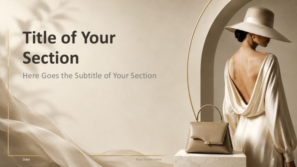 Soft Couture Divider PowerPoint Google Slides Template Soft Couture section divider for PowerPoint and Google Slides with oversized title, soft fabric texture, and gold lines.