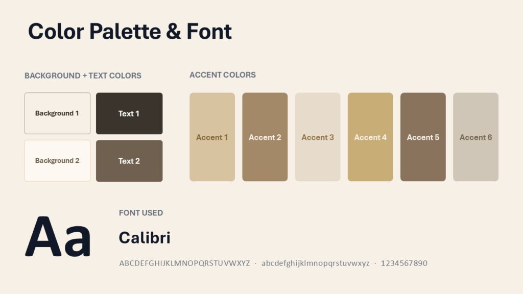 Soft Couture Palette PowerPoint Google Slides Template Soft Couture palette slide for PowerPoint and Google Slides showing Sand, Warm Tan, Linen, Gold Beige, Umber, and Stone.