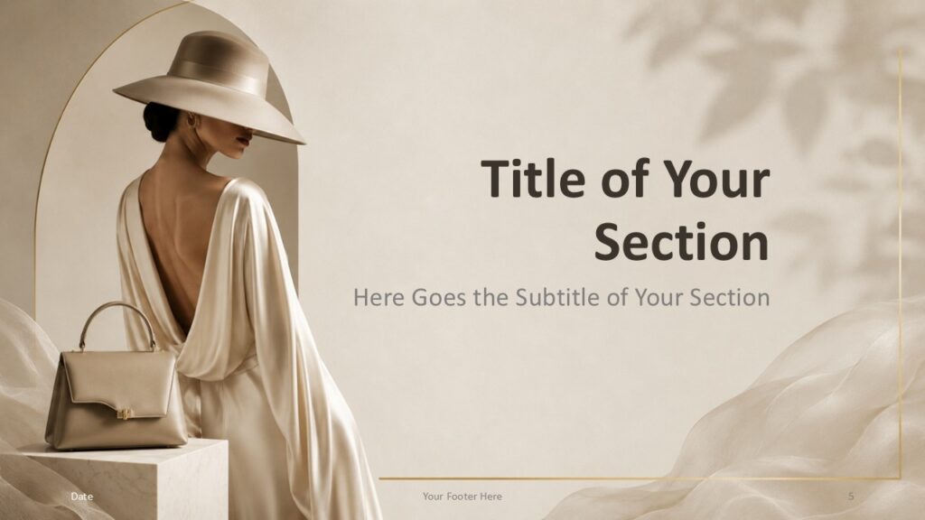 Soft Couture Section PowerPoint Google Slides Template Soft Couture section slide for PowerPoint and Google Slides with centered heading, editorial image, and warm neutral mood.