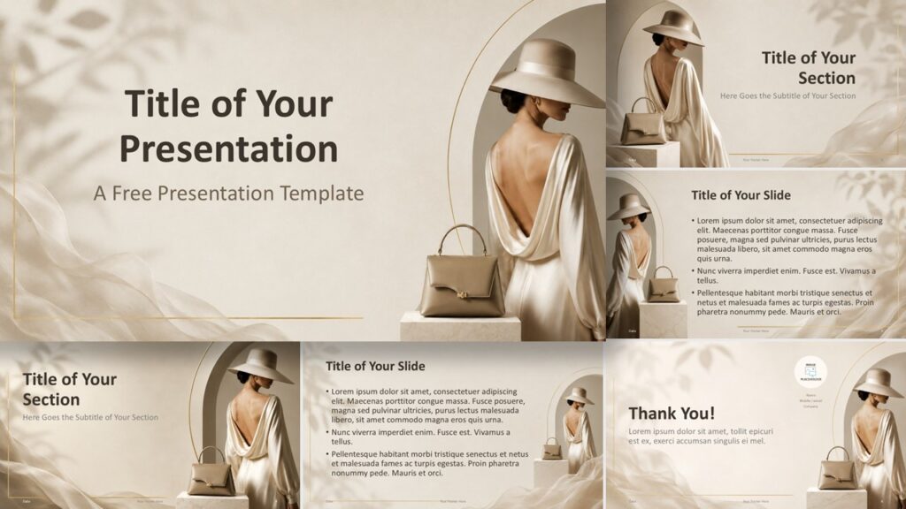 Soft Couture template for PowerPoint and Google Slides showing elegant fashion layouts with warm neutral accents.
