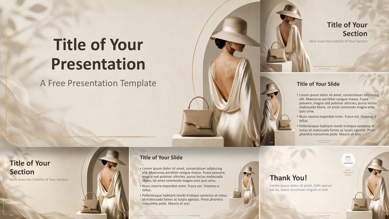 Soft Couture template for PowerPoint and Google Slides showing elegant fashion layouts with warm neutral accents.