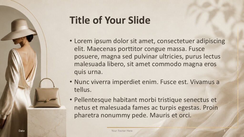 Soft Couture Text PowerPoint Google Slides Template Soft Couture text layout for PowerPoint and Google Slides with large photo area, clear bullets, and neutral tones.