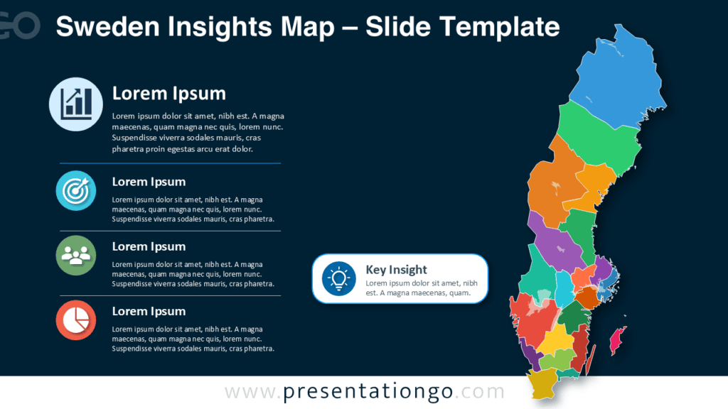 Sweden Insights Map for Dark PowerPoint and Google Slides Sweden Insights Map for PowerPoint and Google Slides with editable regions, Office icons, insights, and dark styling.