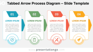 Tabbed Arrow Process Diagram for PowerPoint and Google Slides with four editable cards, arrows, text, and Office icons.