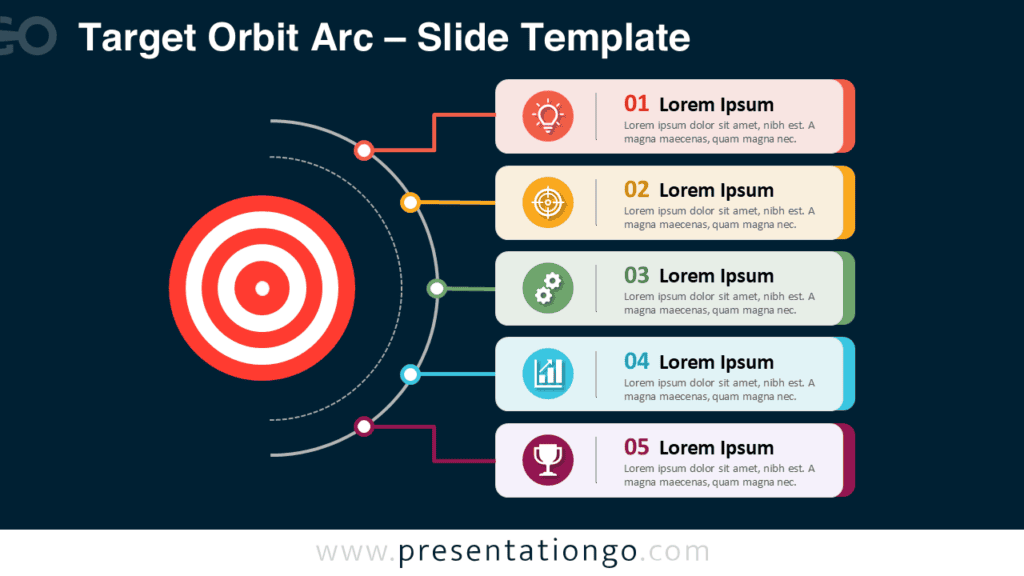 Target Orbit Arc PowerPoint and Google Slides Layout Target Orbit Arc PowerPoint and Google Slides layout showing a goal target, curved path, and five editable Office icon cards.