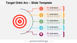 Target Orbit Arc PowerPoint and Google Slides diagram with a central goal, five editable icon blocks, and arc connectors.