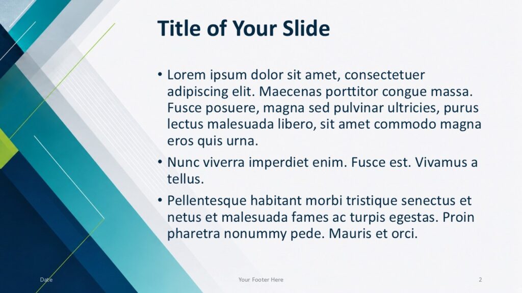 Teal Geometry Content 1 for PowerPoint & Google Slides Teal Geometry content layout for PowerPoint and Google Slides with left-side teal bands, editable text, and clear hierarchy.