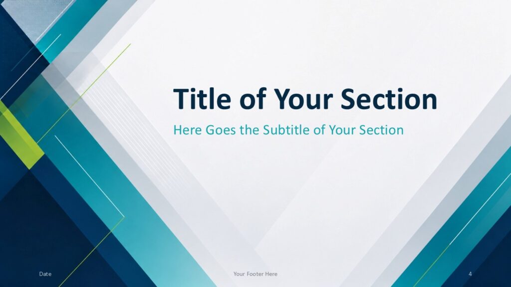 Teal Geometry Divider 1 for PowerPoint & Google Slides Teal Geometry section divider for PowerPoint and Google Slides with centered titles, layered angles, and vivid teal accents.