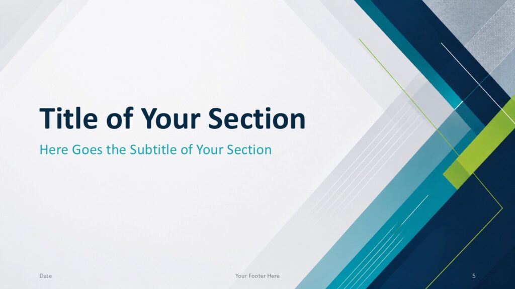 Teal Geometry Divider 2 for PowerPoint & Google Slides Teal Geometry section divider for PowerPoint and Google Slides with left-aligned titles, bold bands, and lime accents.