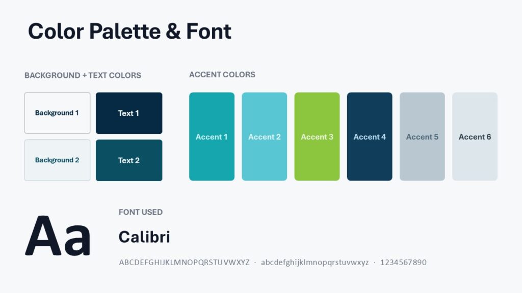 Teal Geometry Palette | PowerPoint & Google Slides Teal Geometry color palette and font guide for PowerPoint and Google Slides with six accents and readable Calibri typography.