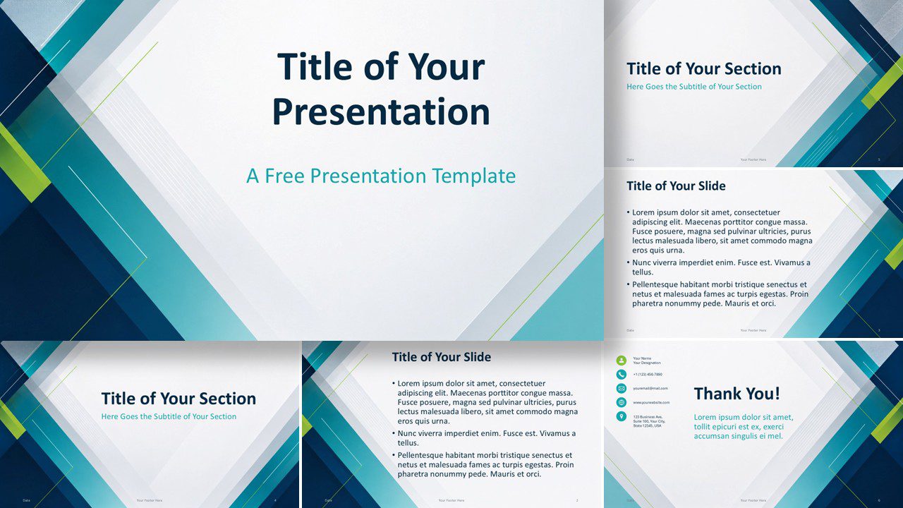 Teal Geometry template for PowerPoint and Google Slides showing all six editable layouts with modern geometric styling.