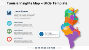 Tunisia Insights Map for PowerPoint and Google Slides featuring an editable governorates map with business callouts and Office icons.