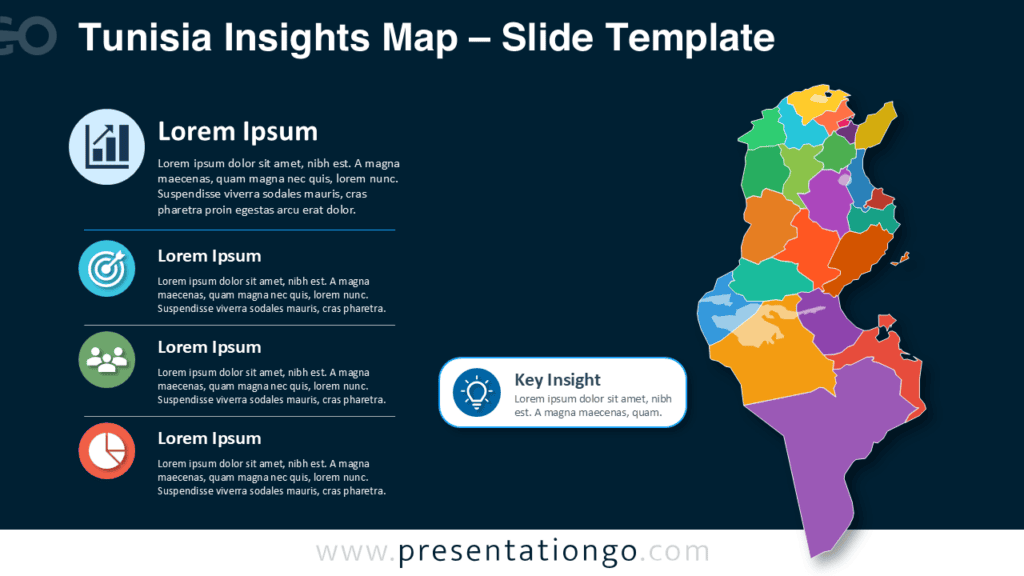 Tunisia Insights Map Dark Background for PowerPoint Tunisia Insights Map for PowerPoint with dark background, editable governorates, business callouts, Office icons, and Google Slides compatibility.