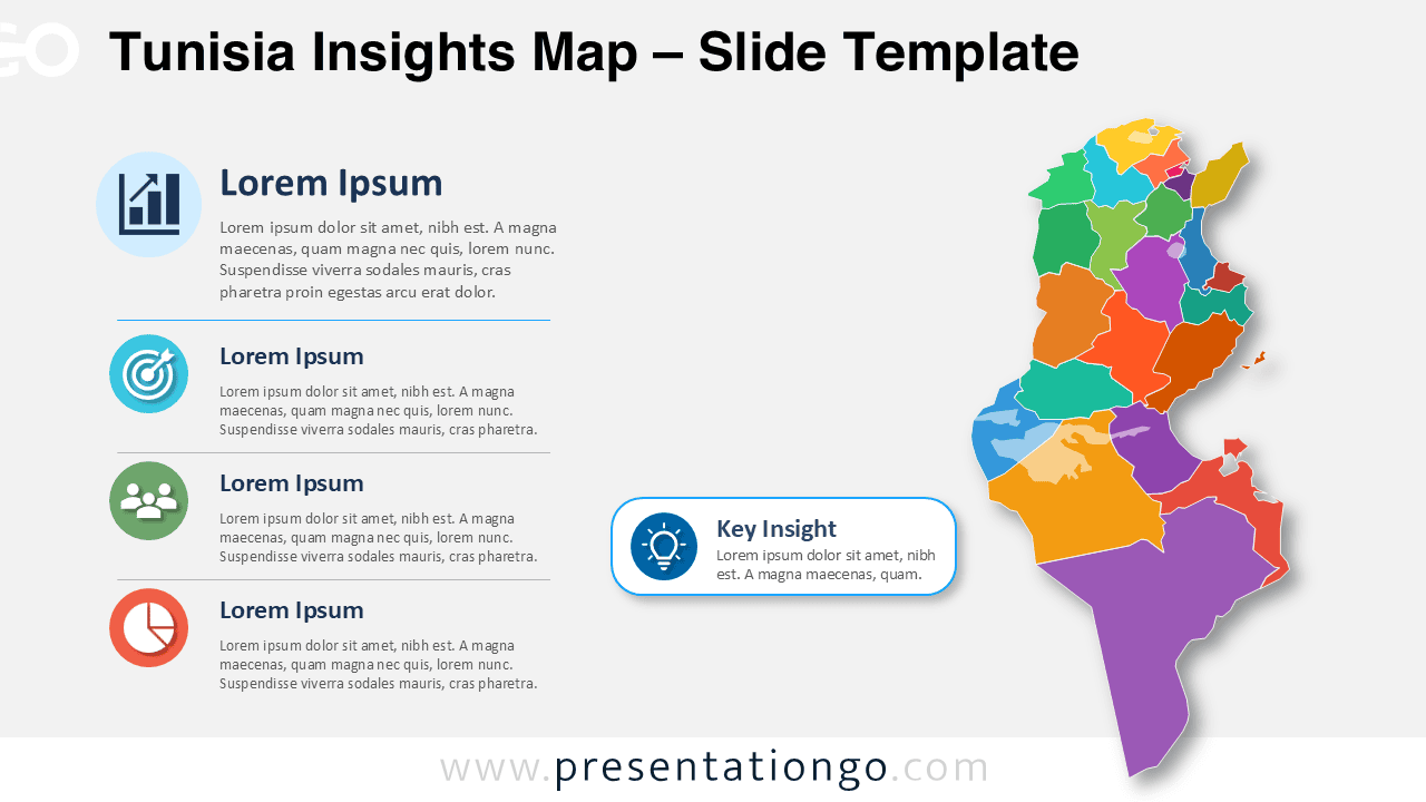Tunisia Insights Map for PowerPoint and Google Slides featuring an editable governorates map with business callouts and Office icons.