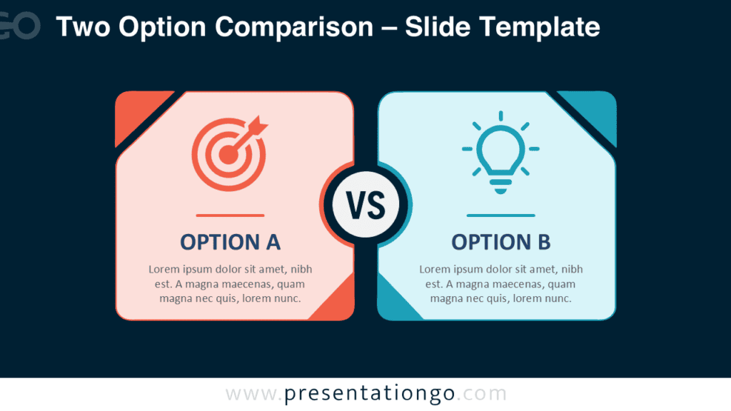 Two Option Comparison slide for PowerPoint and Google Slides with editable text, Office icons, two panels, and a central VS.