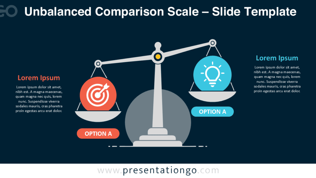 Unbalanced Comparison Scale for PowerPoint and Google Slides with editable labels, text areas, and icon placeholders.