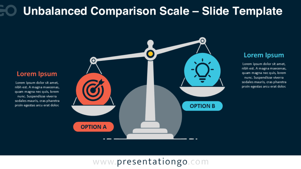 Unbalanced Comparison Scale PowerPoint and Google Slides Unbalanced Comparison Scale for PowerPoint and Google Slides with editable labels, text areas, and icon placeholders.