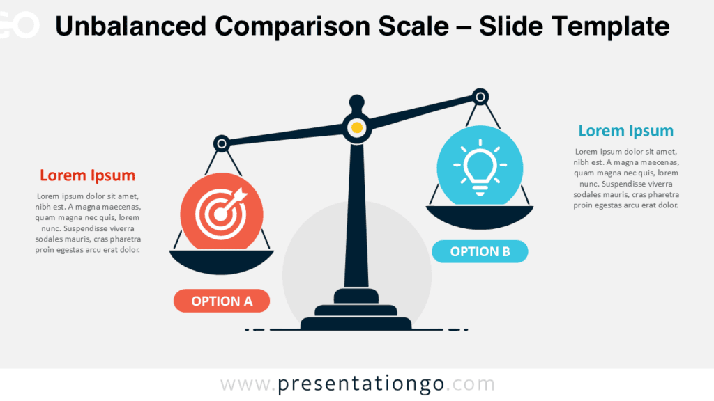 Unbalanced Comparison Scale for PowerPoint and Google Slides with a tilted scale comparing two editable options.