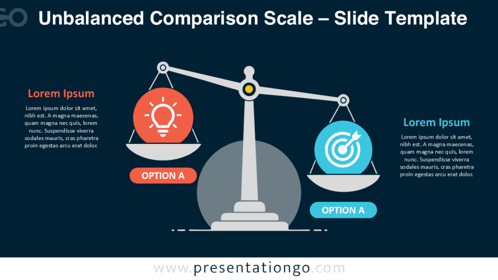 Unbalanced Comparison Scale for PowerPoint and Google Slides with reversed weighting, editable text, and placeholders.
