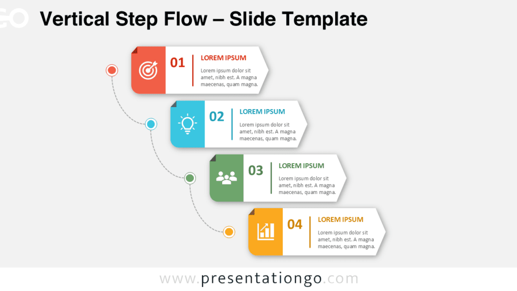 Vertical Step Flow PowerPoint & Google Slides Diagram Vertical Step Flow PowerPoint diagram with four connected process stages, editable Office icons, and fully customizable layout for Google Slides.