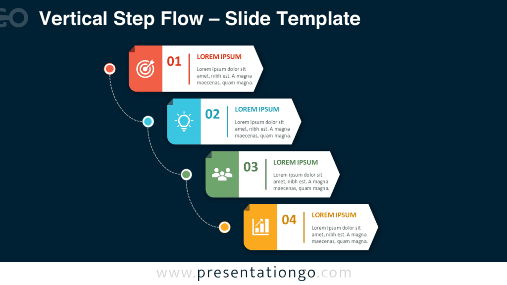 Vertical Step Flow PowerPoint Diagram for Dark Background Vertical Step Flow PowerPoint diagram with four connected process stages, editable Office icons, optimized for Google Slides on dark backgrounds.