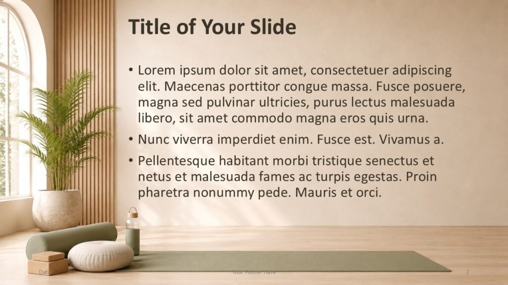 Yoga Serenity PowerPoint Google Slides Content Slide Yoga Serenity PowerPoint content slide for Google Slides with editable text layout and serene yoga studio background.