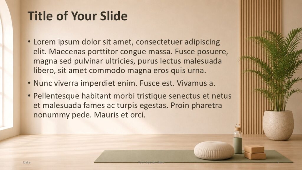 Yoga Serenity PowerPoint Google Slides Content Layout Yoga Serenity PowerPoint presentation layout for Google Slides featuring editable content with peaceful wellness scenery.