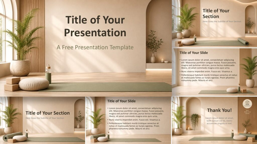 Yoga Serenity PowerPoint template for Google Slides featuring elegant wellness presentation layouts with editable slides.