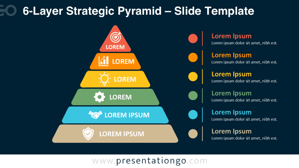 Editable 6-Layer Strategic Pyramid PowerPoint Diagram 6-Layer Strategic Pyramid for PowerPoint and Google Slides showing six editable tiers with icons and matching text callouts.