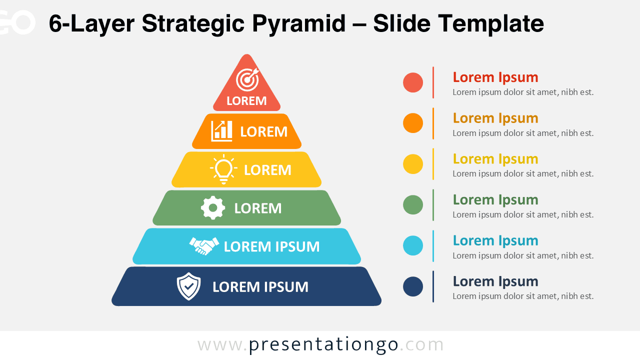 6-Layer Strategic Pyramid diagram for PowerPoint and Google Slides with six stacked tiers, icons, labels, and a side legend.