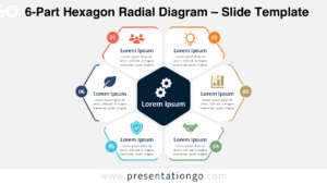 6-Part Hexagon Radial Diagram for PowerPoint and Google Slides with six editable sections arranged around a central hub.