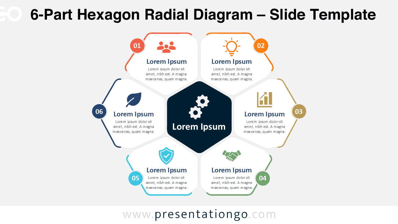 6-Part Hexagon Radial Diagram for PowerPoint and Google Slides with six editable sections arranged around a central hub.