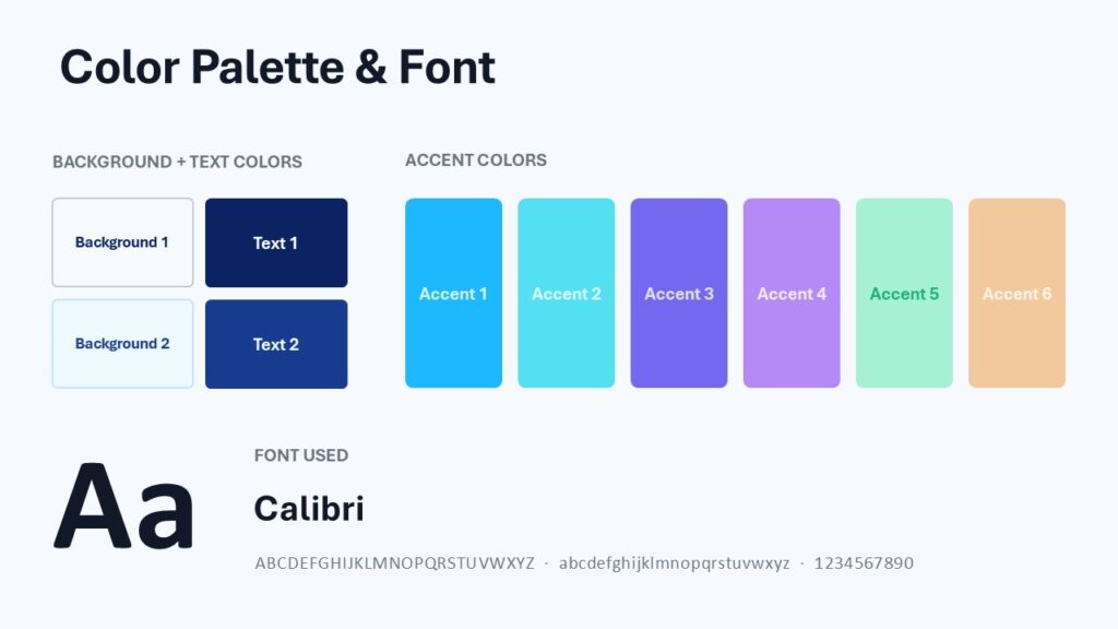 Aurora Waves PowerPoint and Google Slides color palette with six coordinated accent colors and a Calibri font reference.