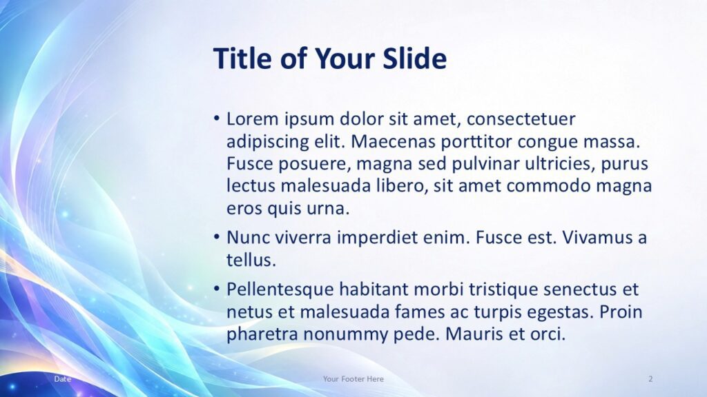 Aurora Waves PowerPoint and Google Slides content slide with flowing waves on the left and a spacious bullet text layout.