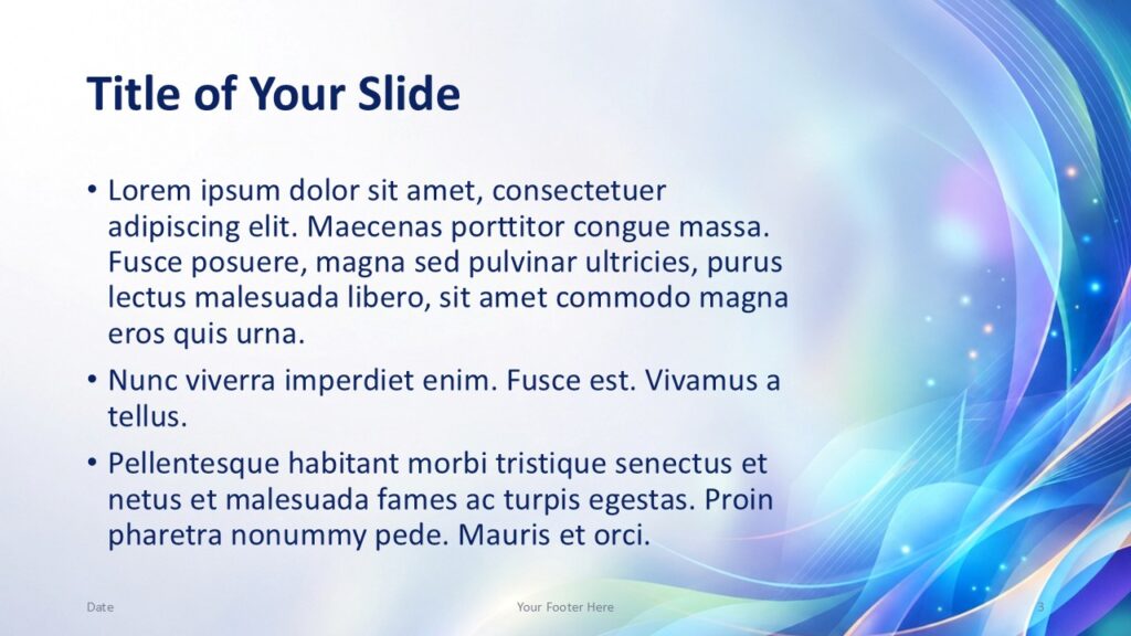 Aurora Waves PowerPoint and Google Slides content slide with colorful waves on the right and a clean text-focused layout.