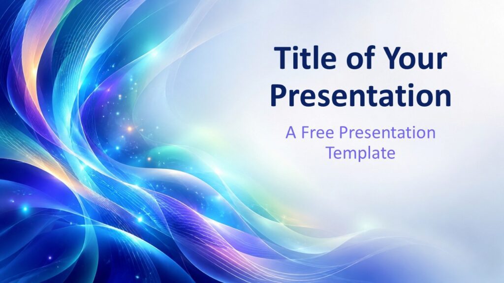 Aurora Waves cover slide for PowerPoint and Google Slides with luminous blue, cyan, violet waves and a spacious title area.