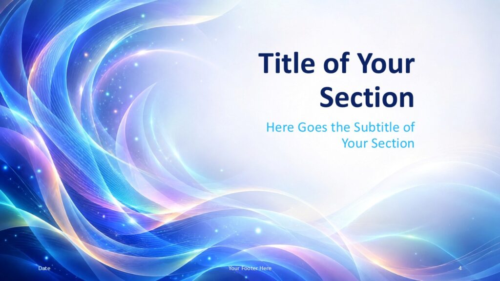Aurora Waves section divider for PowerPoint and Google Slides with sweeping abstract waves and a bold title with subtitle.